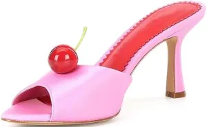 Vertundy Womens Pointed Toe Mule Heels Block Chunky Slip On Slides Peep Toe Cherry Satin Sandals