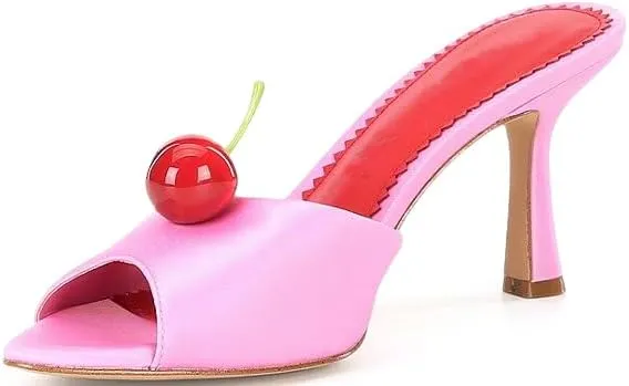 Vertundy Womens Pointed Toe Mule Heels Block Chunky Slip On Slides Peep Toe Cherry Satin Sandals