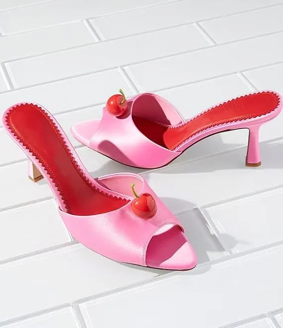 Vertundy Womens Pointed Toe Mule Heels Block Chunky Slip On Slides Peep Toe Cherry Satin Sandals