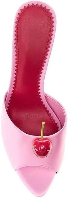 Vertundy Womens Pointed Toe Mule Heels Block Chunky Slip On Slides Peep Toe Cherry Satin Sandals