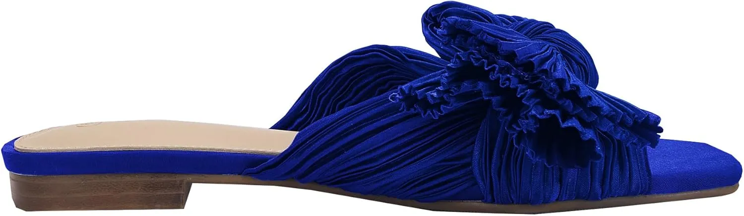 VETASTE Women's Pleated Bow Flat Sandals Open Square Toe Slip on Slide Sandals