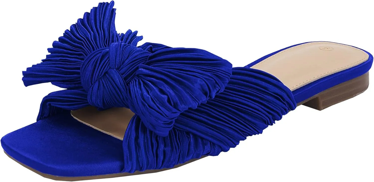 VETASTE Women's Pleated Bow Flat Sandals Open Square Toe Slip on Slide Sandals