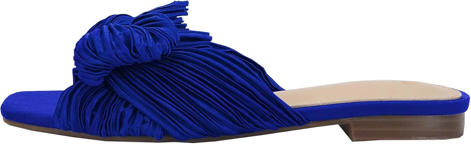 VETASTE Women's Pleated Bow Flat Sandals Open Square Toe Slip on Slide Sandals