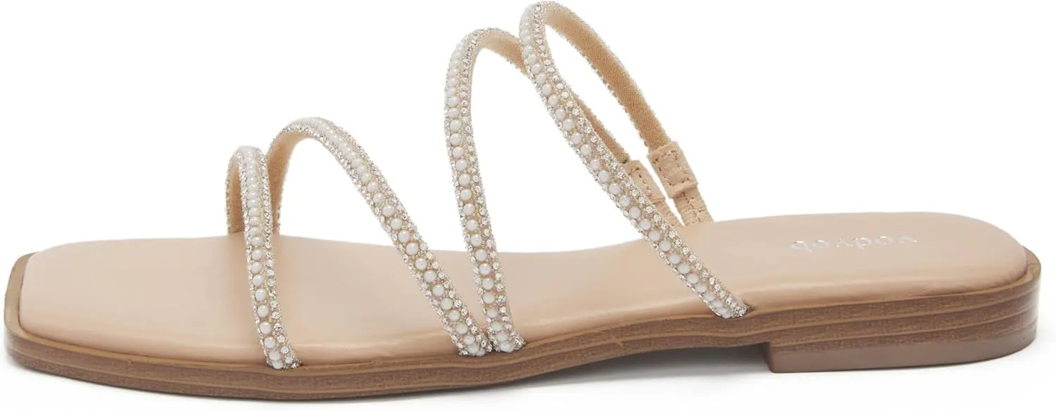 vodvob Women's Rhinestone Flat Sandals Slip on Memory Foam Sandals Open Toe Slide Sandals