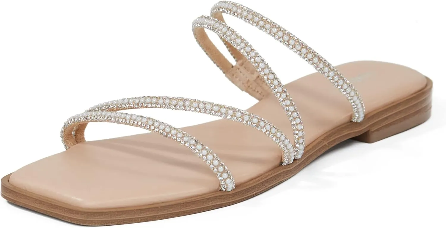 vodvob Women's Rhinestone Flat Sandals Slip on Memory Foam Sandals Open Toe Slide Sandals