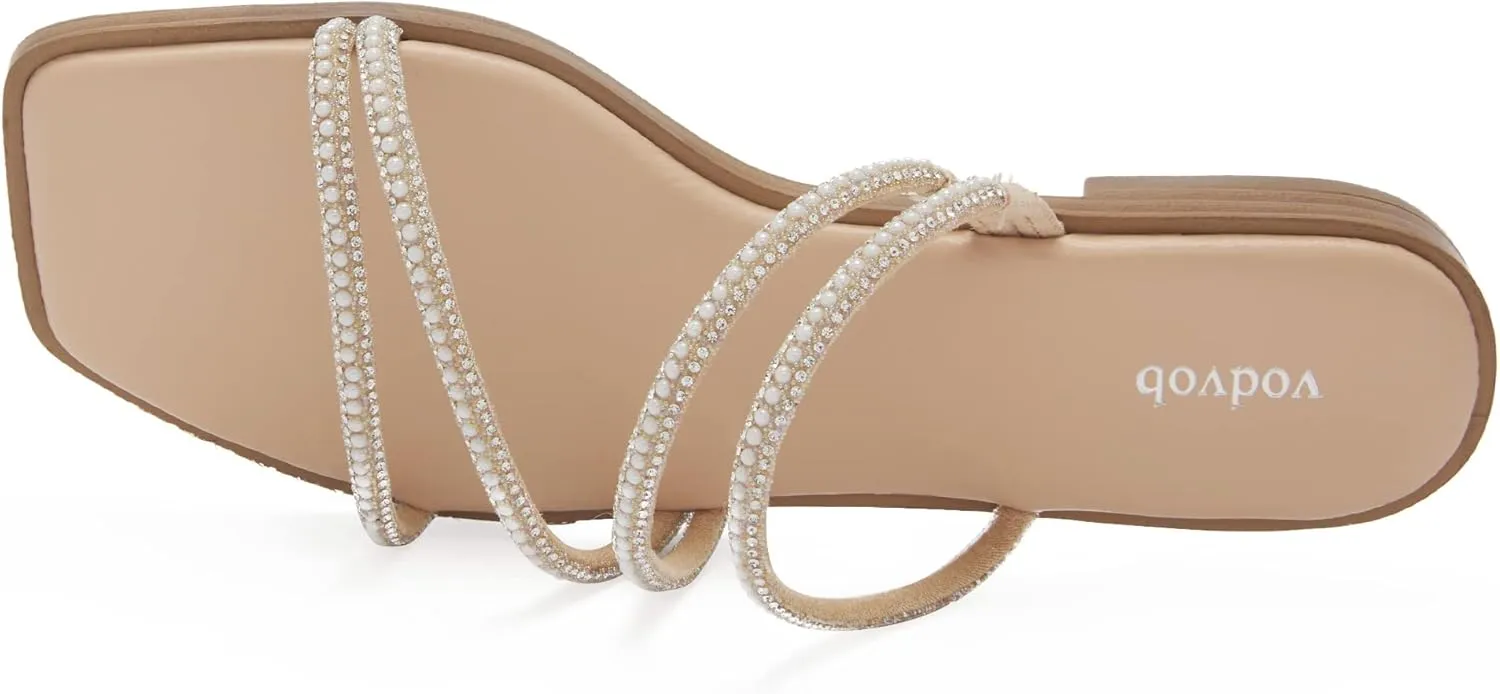 vodvob Women's Rhinestone Flat Sandals Slip on Memory Foam Sandals Open Toe Slide Sandals