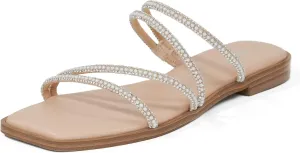 vodvob Women's Rhinestone Flat Sandals Slip on Memory Foam Sandals Open Toe Slide Sandals