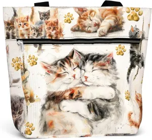 Waterproof Tote Bag with Pockets and Zipper for Work. Shoulder Bag for Women. Gift for Cat Lover Cat Owner.