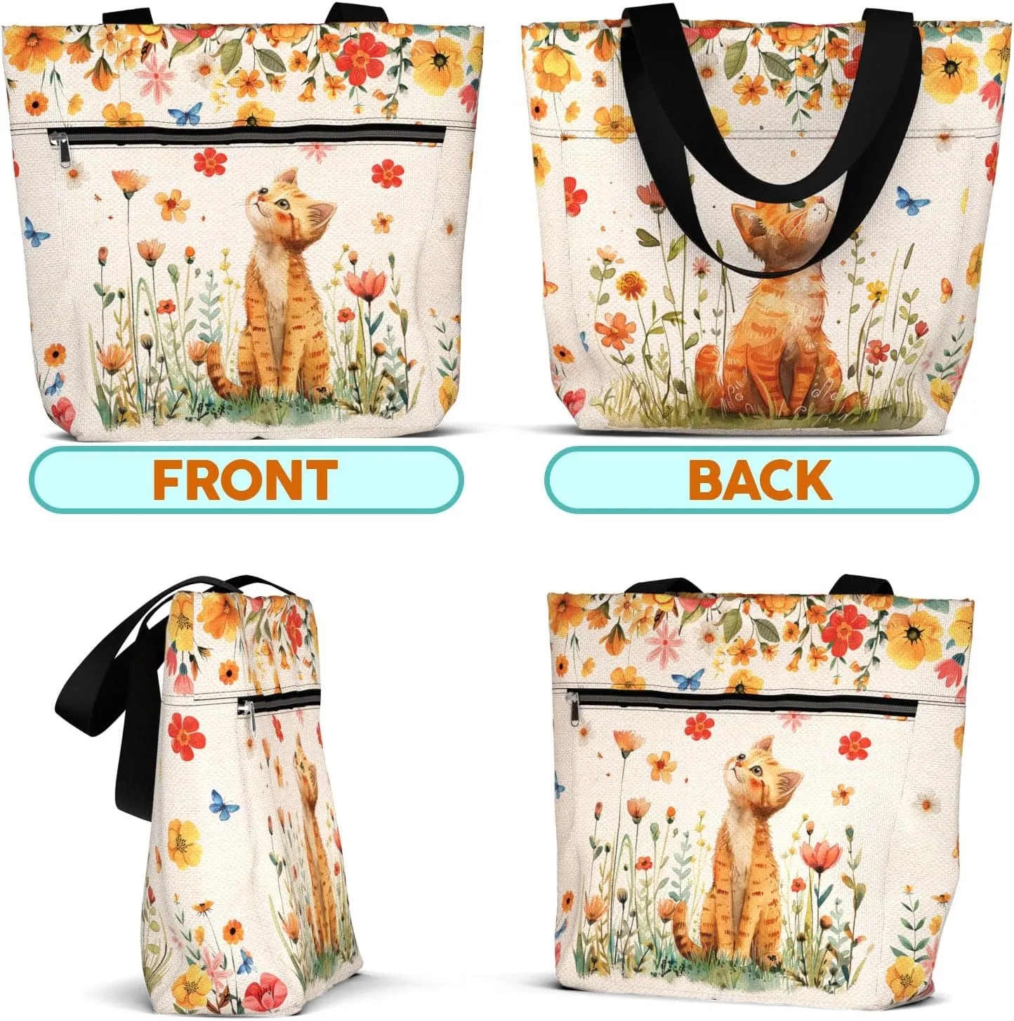 Waterproof Tote Bag with Pockets and Zipper for Work. Shoulder Bag for Women. Gift for Cat Lover Cat Owner.