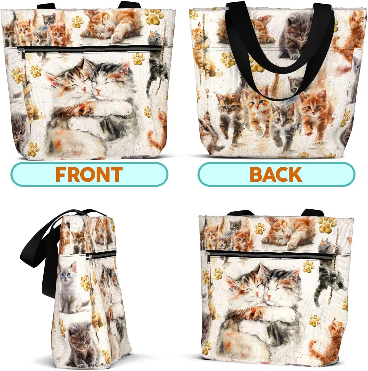 Waterproof Tote Bag with Pockets and Zipper for Work. Shoulder Bag for Women. Gift for Cat Lover Cat Owner.