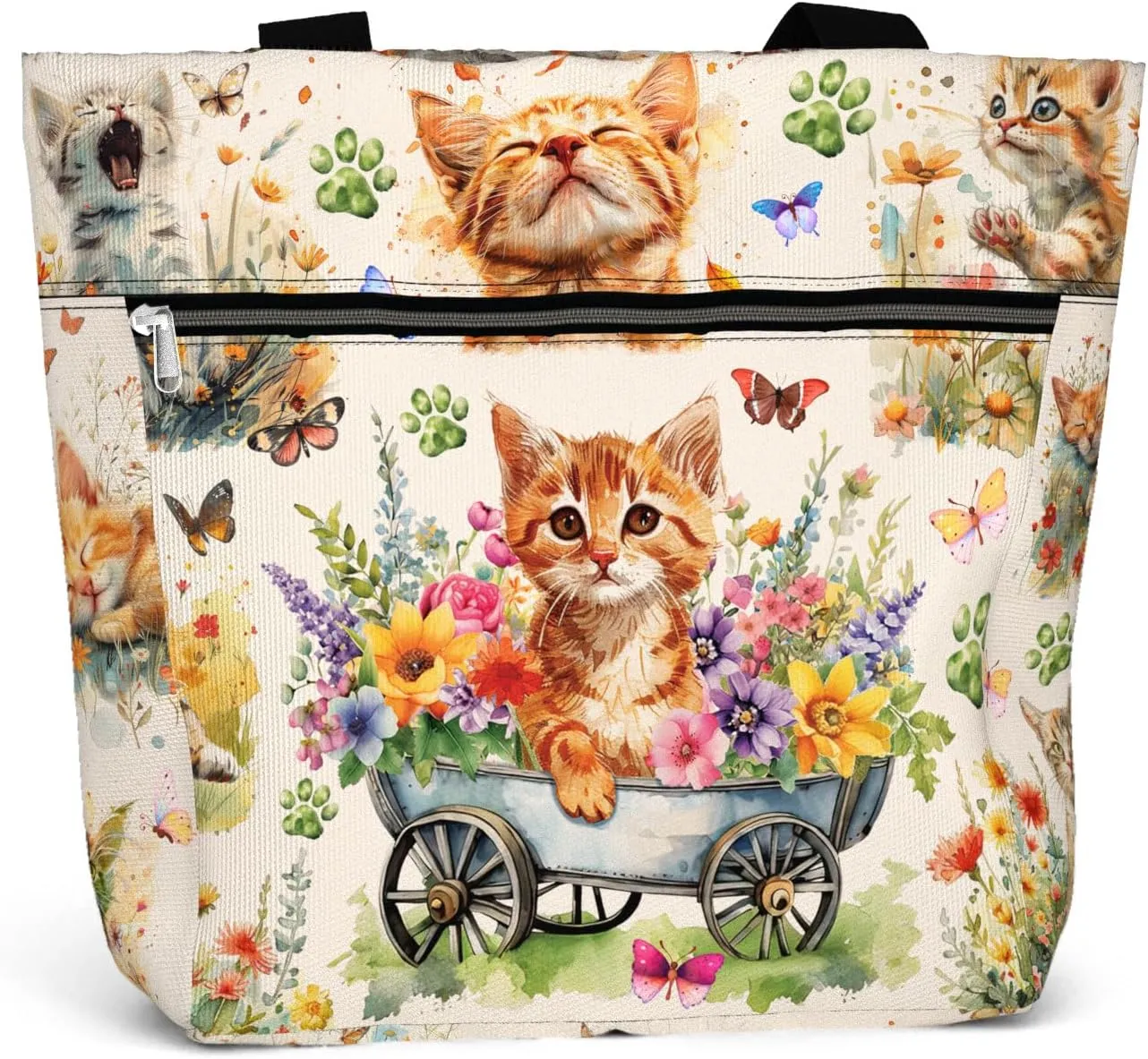 Waterproof Tote Bag with Pockets and Zipper for Work. Shoulder Bag for Women. Gift for Cat Lover Cat Owner.