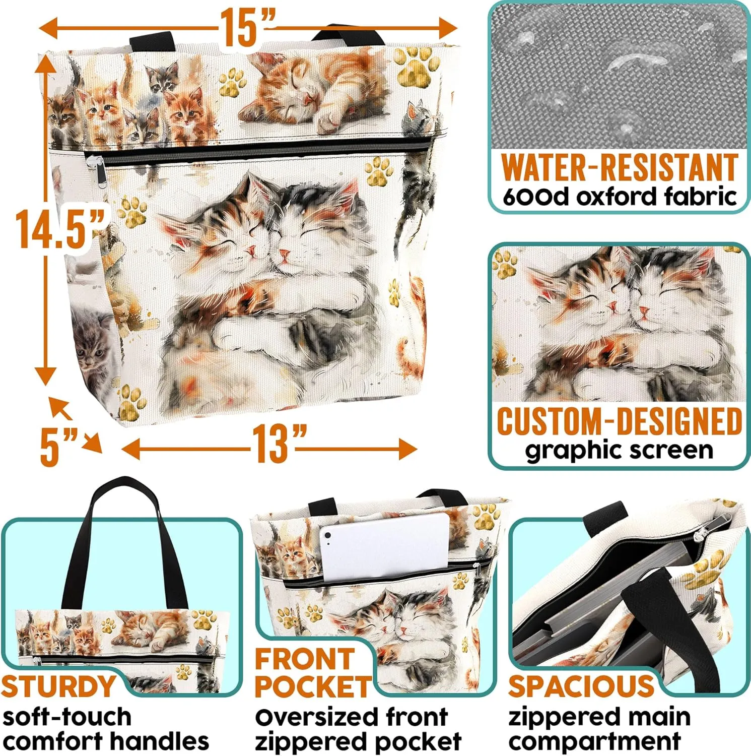 Waterproof Tote Bag with Pockets and Zipper for Work. Shoulder Bag for Women. Gift for Cat Lover Cat Owner.