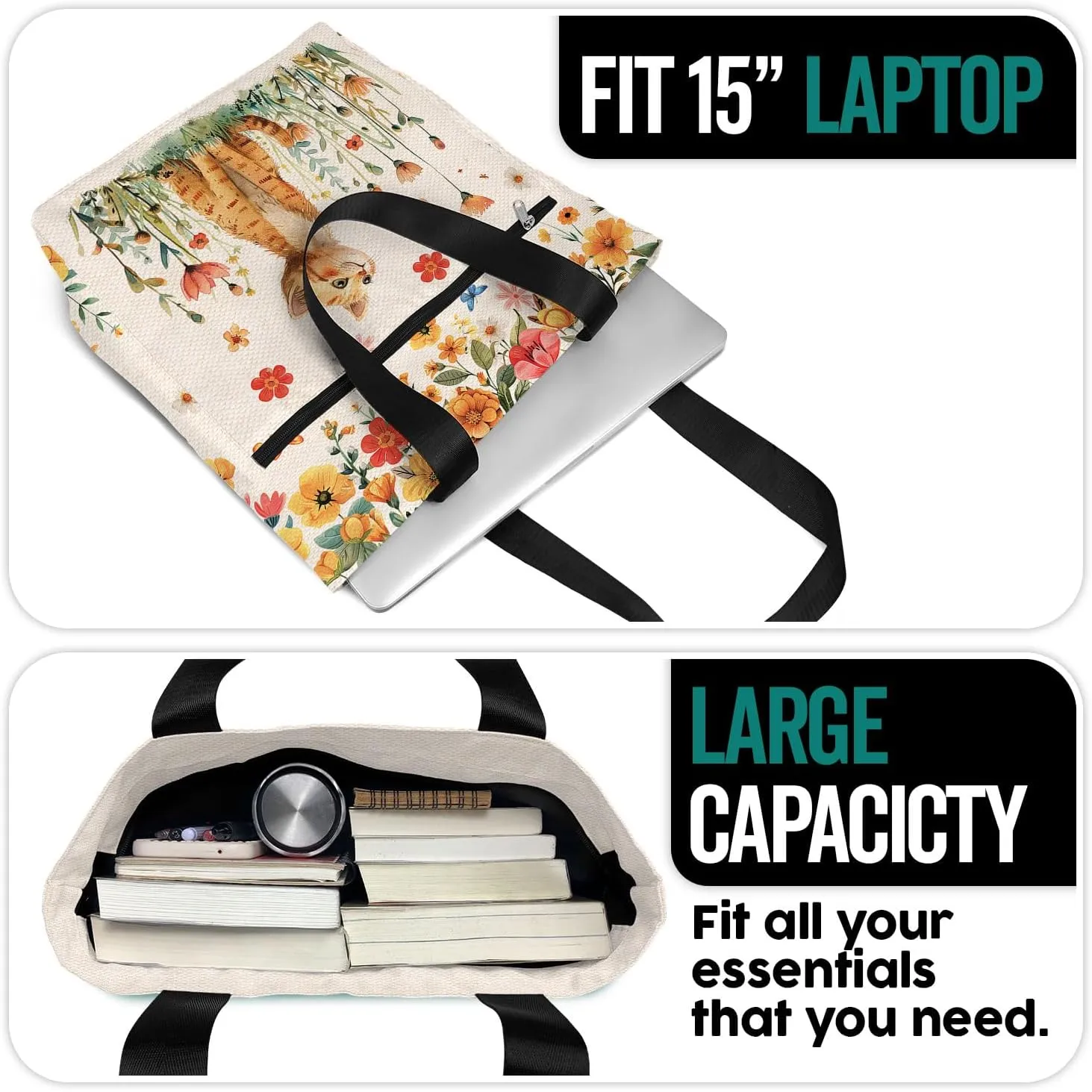 Waterproof Tote Bag with Pockets and Zipper for Work. Shoulder Bag for Women. Gift for Cat Lover Cat Owner.