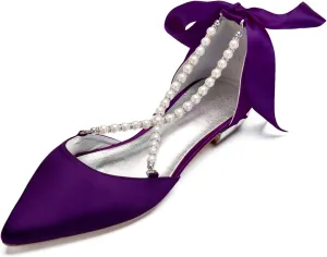 Wedding Shoes Flats for Bride Satin Pearls Straps Women Dress Shoes for Special Occasions