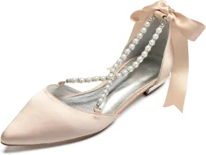 Wedding Shoes Flats for Bride Satin Pearls Straps Women Dress Shoes for Special Occasions