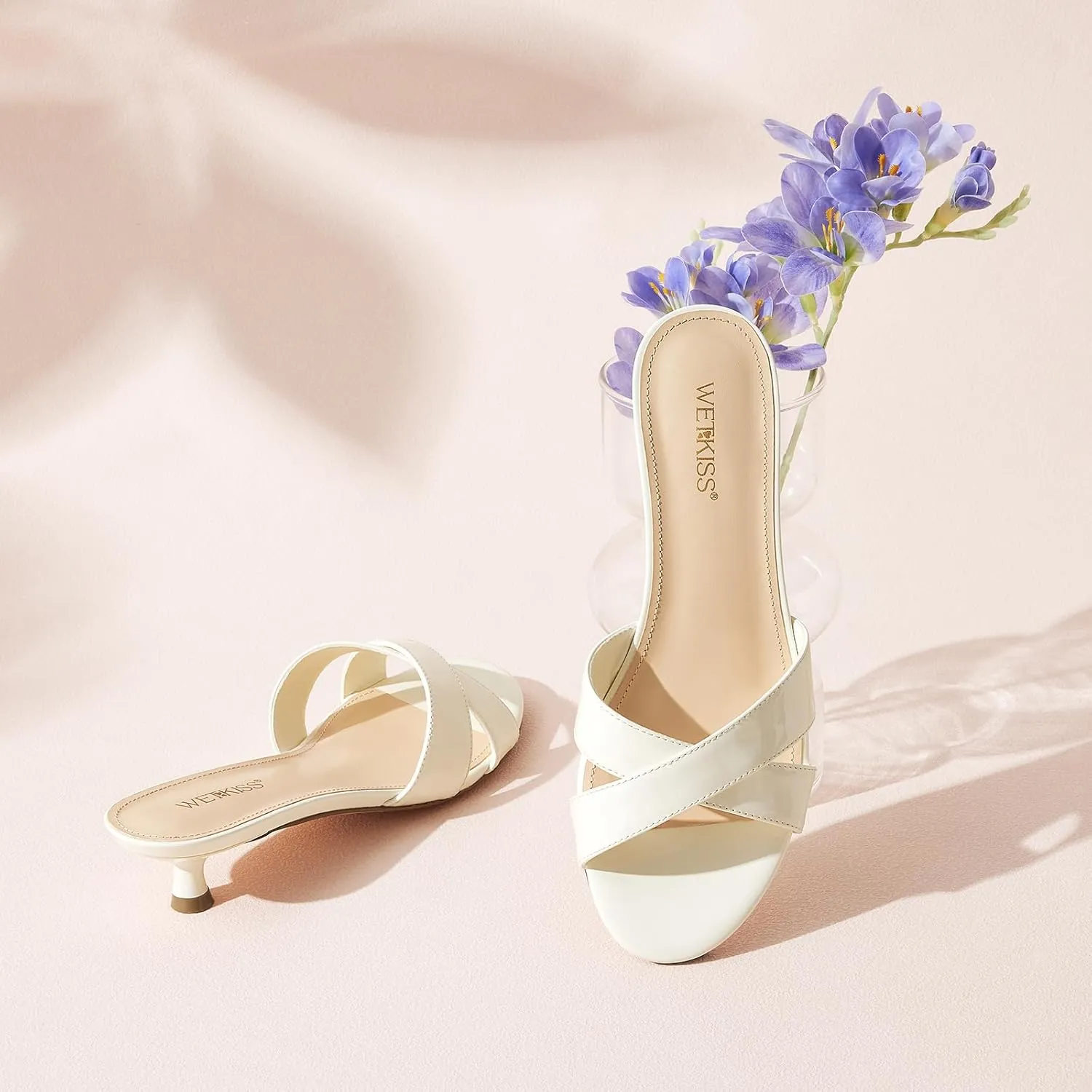 wetkiss Womens Heeled Sandals Open Round Toe Slip on Kitten Heel Mules Low Heel Slide Sandals for Women Cross Strap Backless Mule Flats Comfortable Summer Dress Heels