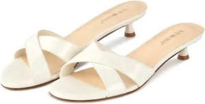 wetkiss Womens Heeled Sandals Open Round Toe Slip on Kitten Heel Mules Low Heel Slide Sandals for Women Cross Strap Backless Mule Flats Comfortable Summer Dress Heels