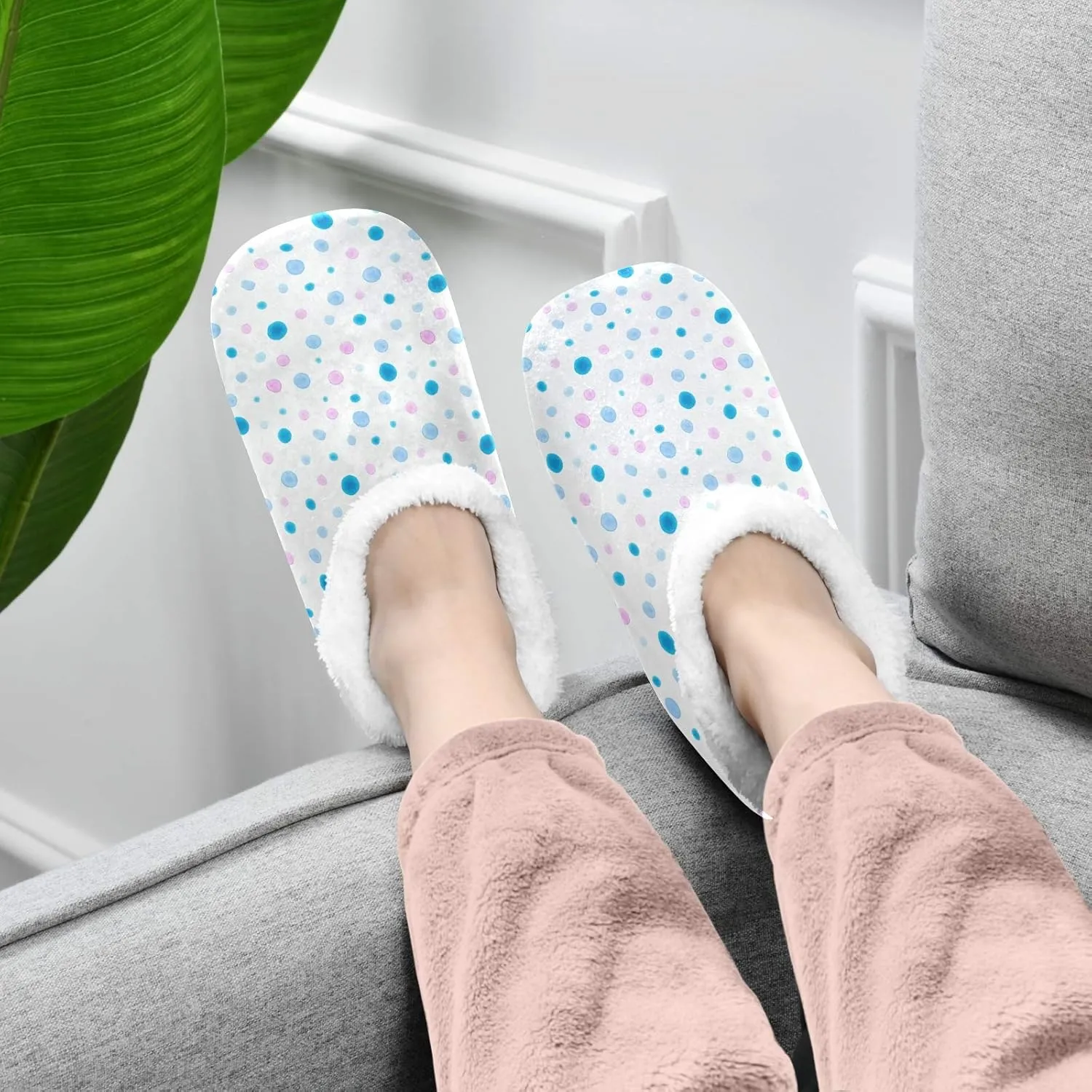 Winter House Slippers for Women/Men with Colorful Blue and Pink Spot Element Cozy Fleece Slippers