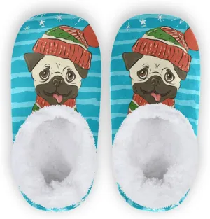 Winter House Slippers for Women/Men with Happy Winter Pug Dog Element Cozy Fleece Slippers