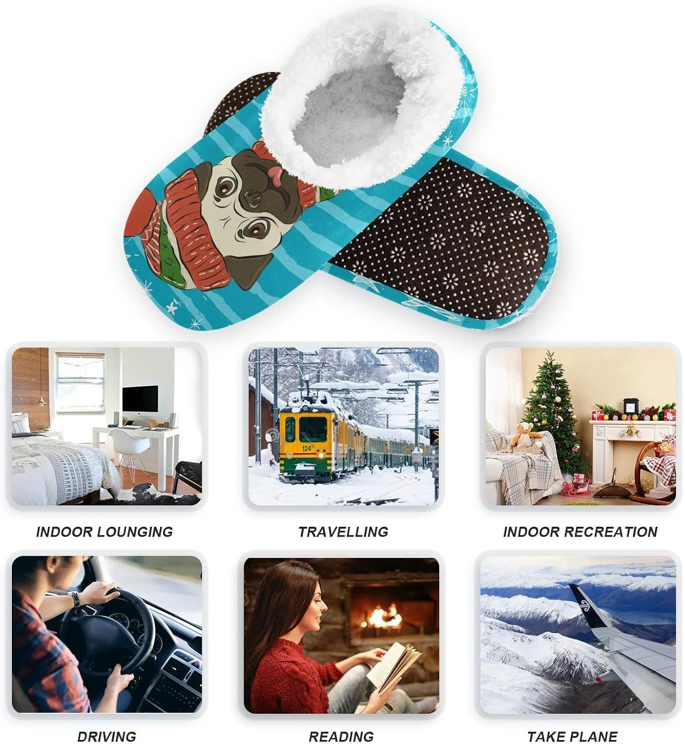 Winter House Slippers for Women/Men with Happy Winter Pug Dog Element Cozy Fleece Slippers