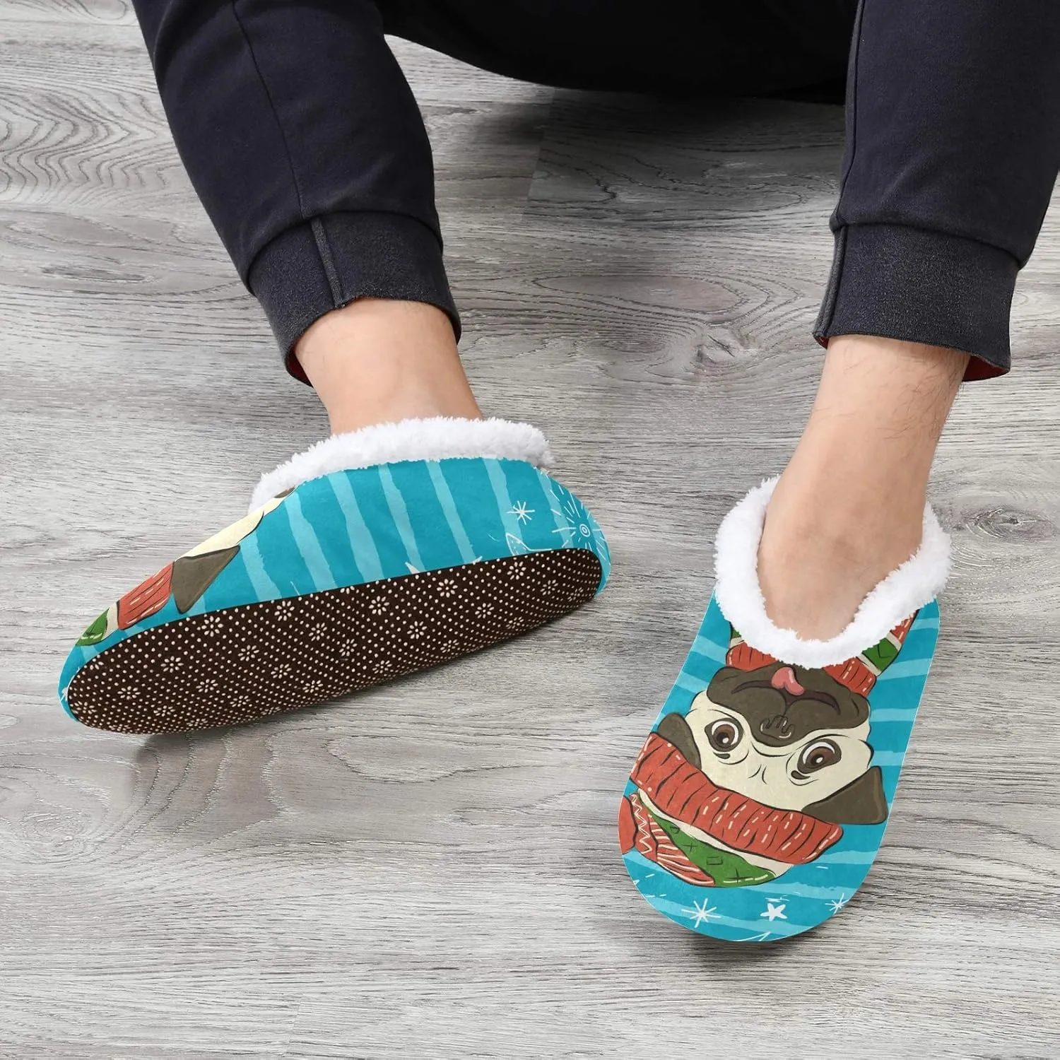Winter House Slippers for Women/Men with Happy Winter Pug Dog Element Cozy Fleece Slippers