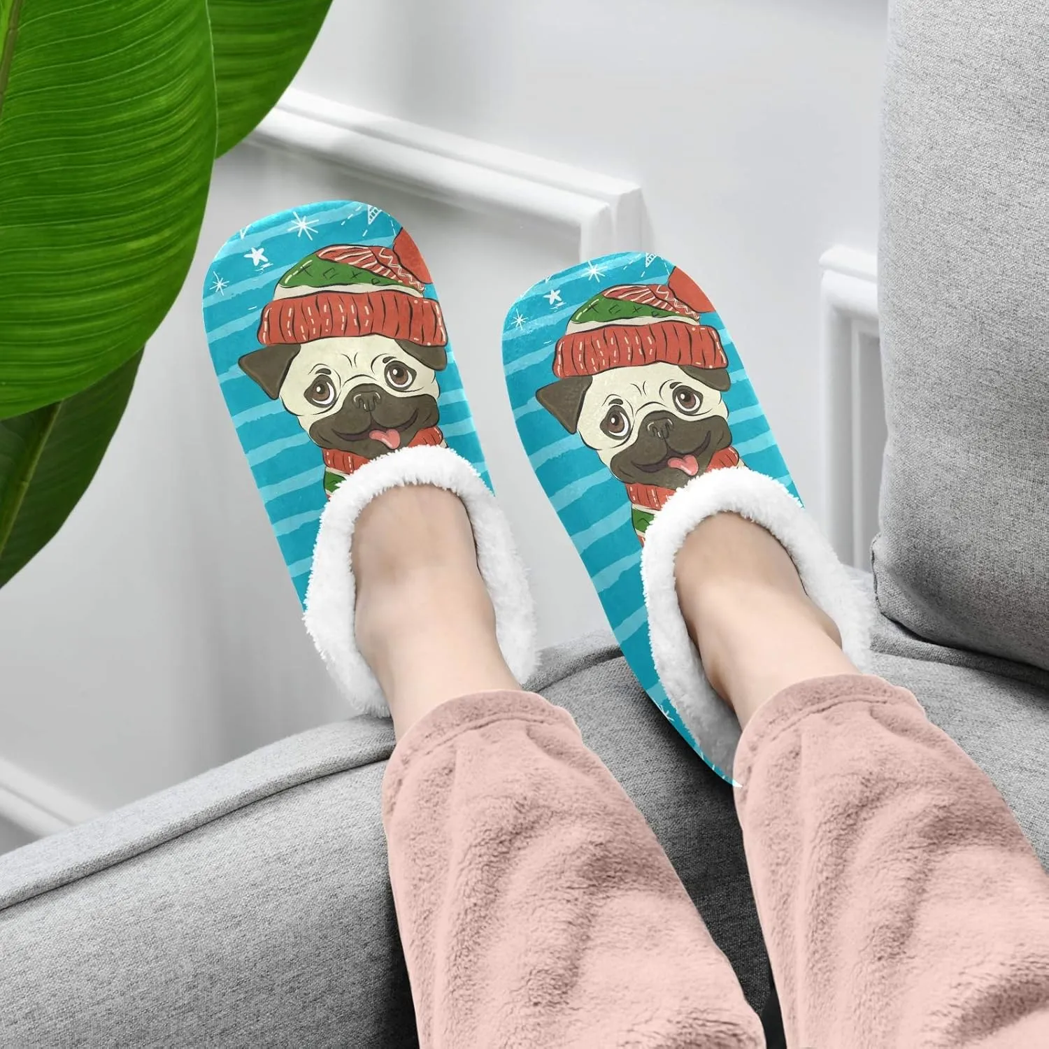 Winter House Slippers for Women/Men with Happy Winter Pug Dog Element Cozy Fleece Slippers