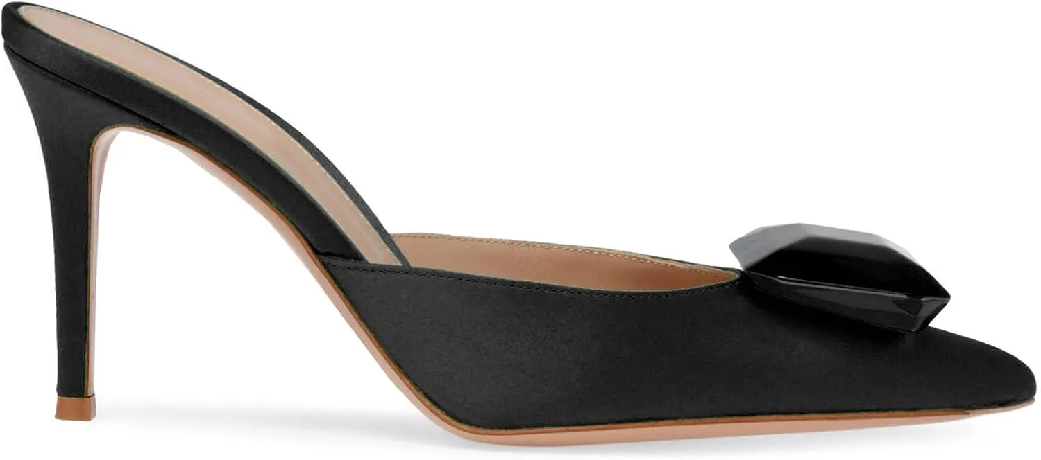 Woman Heeled Mules Rhinestone Pointy Closed Toe Sandals Kitten High Heels Sandals Summer Slip on Mule Heels Bridal Dress Shoes
