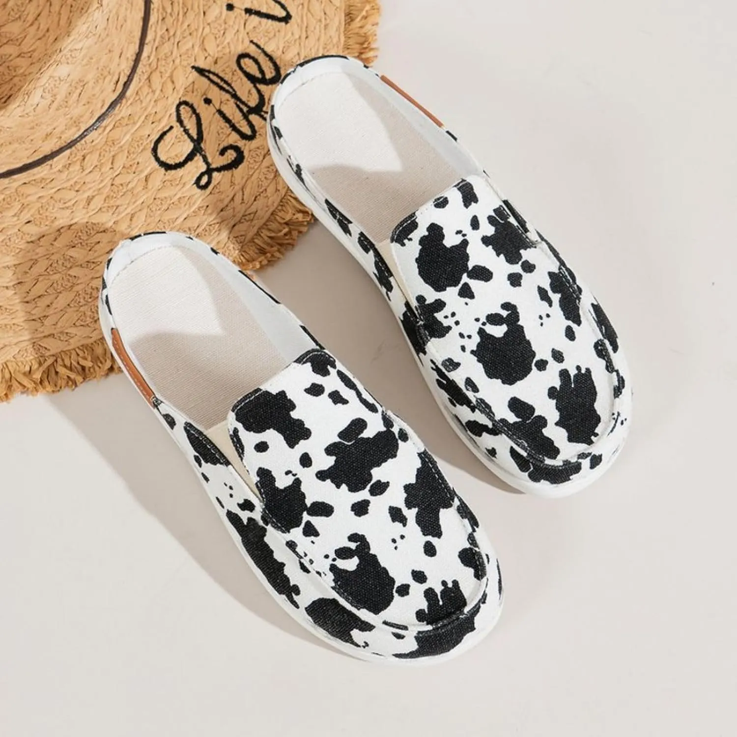 Women Canvas Slip On Lightweight Mule Sneaker Summer Fashion Open Back Flats, Closed Round Toe Low Top Loafer Casual Comfort Walking Sandals