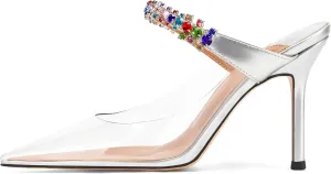 Women Heeled Mules Rhinestone Strappy Clear Heels Pointed Toe Stiletto Slip On Bridal Sandals for Women