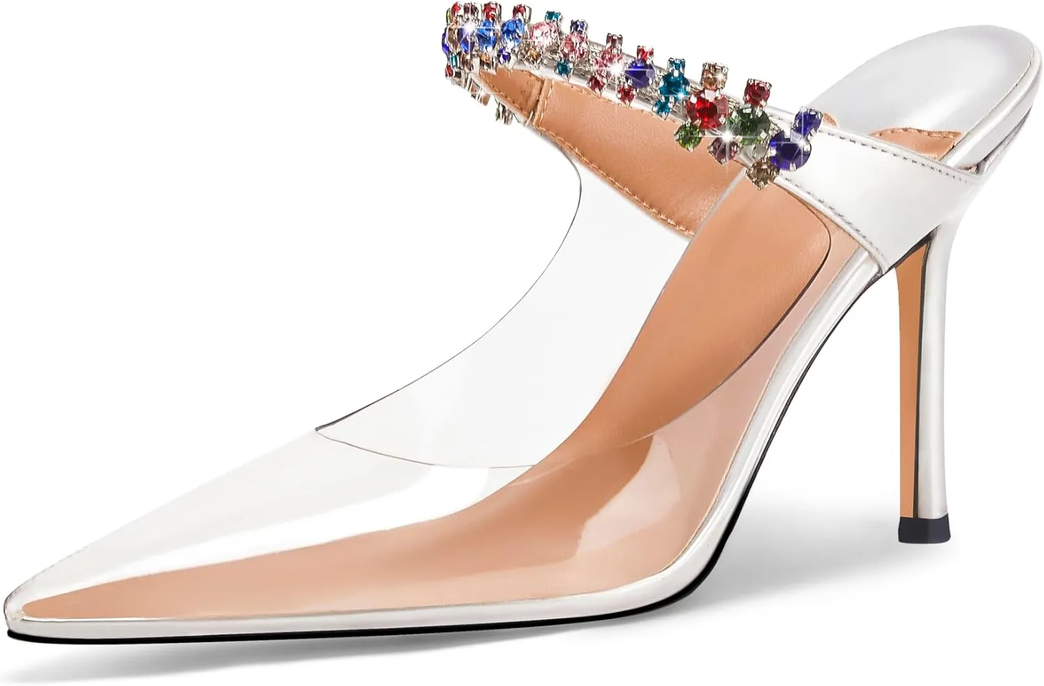 Women Heeled Mules Rhinestone Strappy Clear Heels Pointed Toe Stiletto Slip On Bridal Sandals for Women