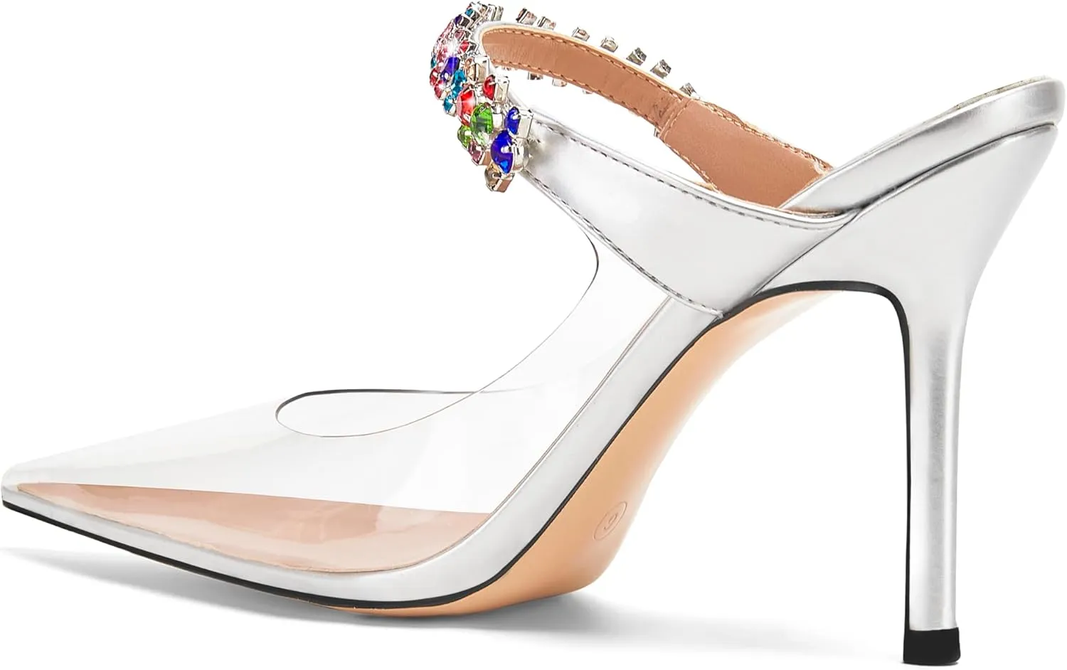 Women Heeled Mules Rhinestone Strappy Clear Heels Pointed Toe Stiletto Slip On Bridal Sandals for Women