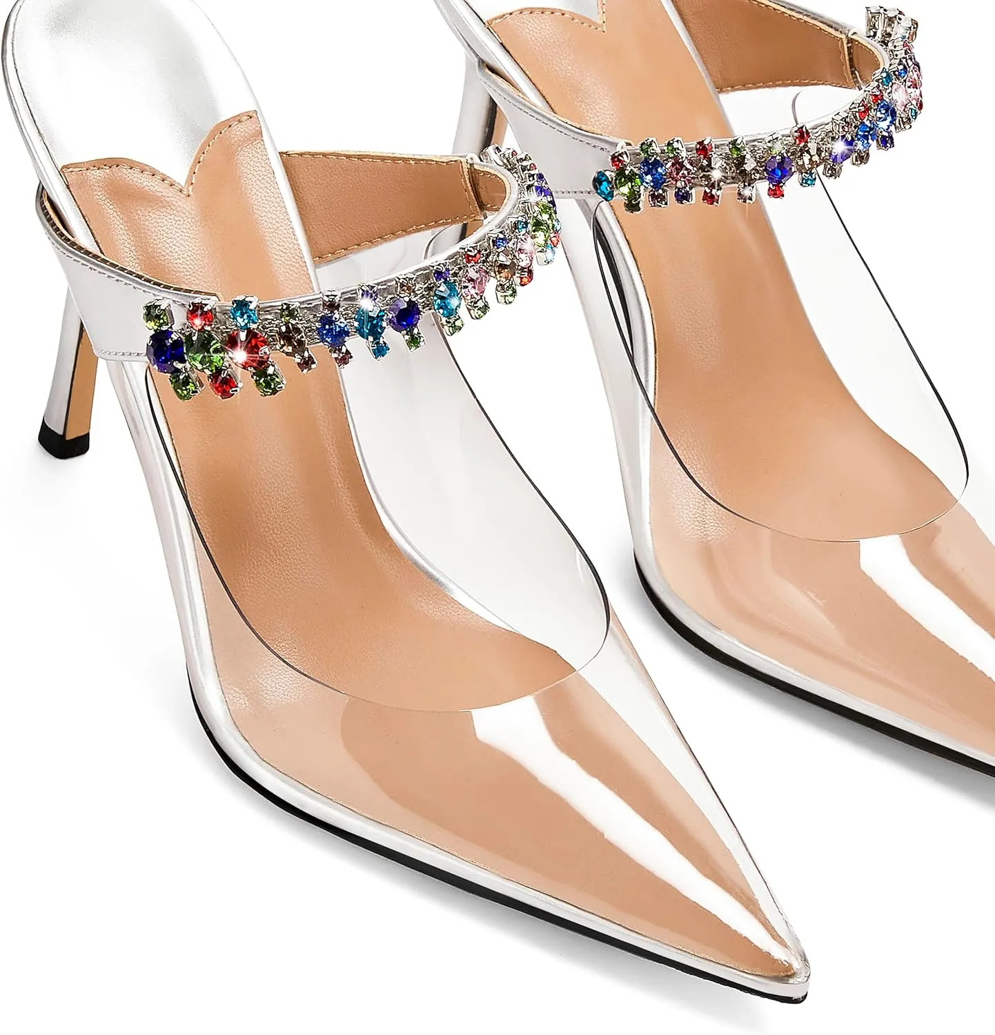 Women Heeled Mules Rhinestone Strappy Clear Heels Pointed Toe Stiletto Slip On Bridal Sandals for Women