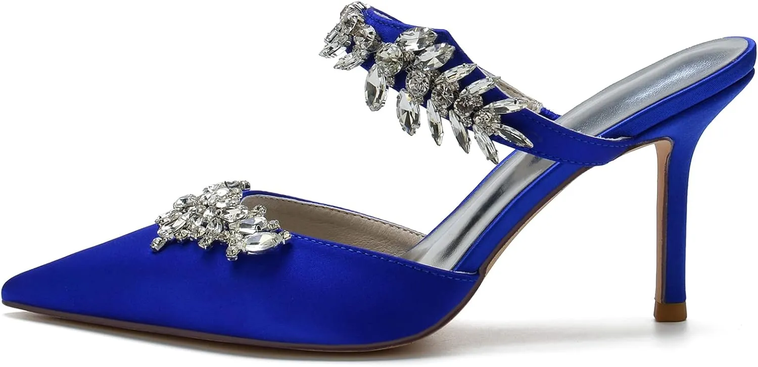 Women Heeled Mules Rhinestone Strappy Pointed Toe Mules Stiletto High Heels Wedding Bridal Dress Sandals for Women