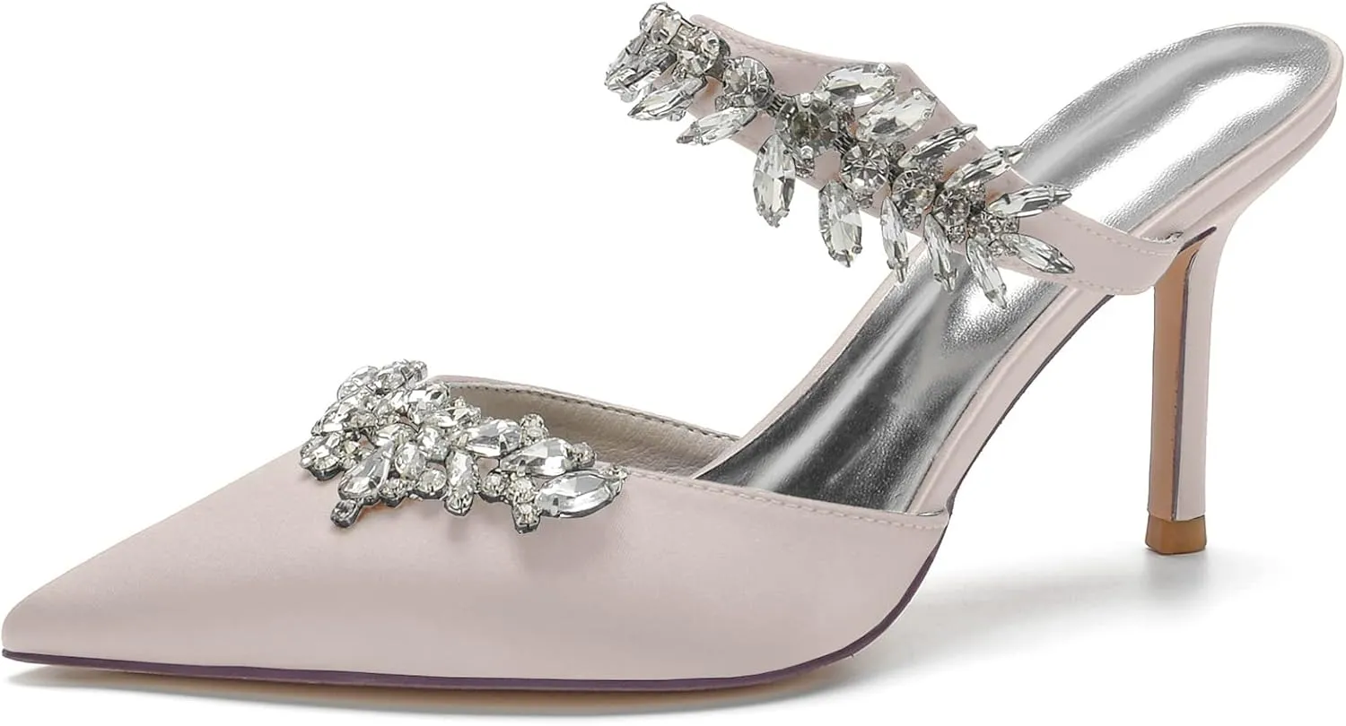 Women Heeled Mules Rhinestone Strappy Pointed Toe Mules Stiletto High Heels Wedding Bridal Dress Sandals for Women