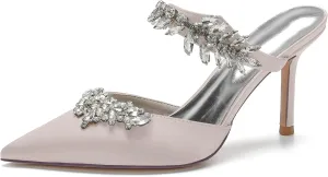 Women Heeled Mules Rhinestone Strappy Pointed Toe Mules Stiletto High Heels Wedding Bridal Dress Sandals for Women