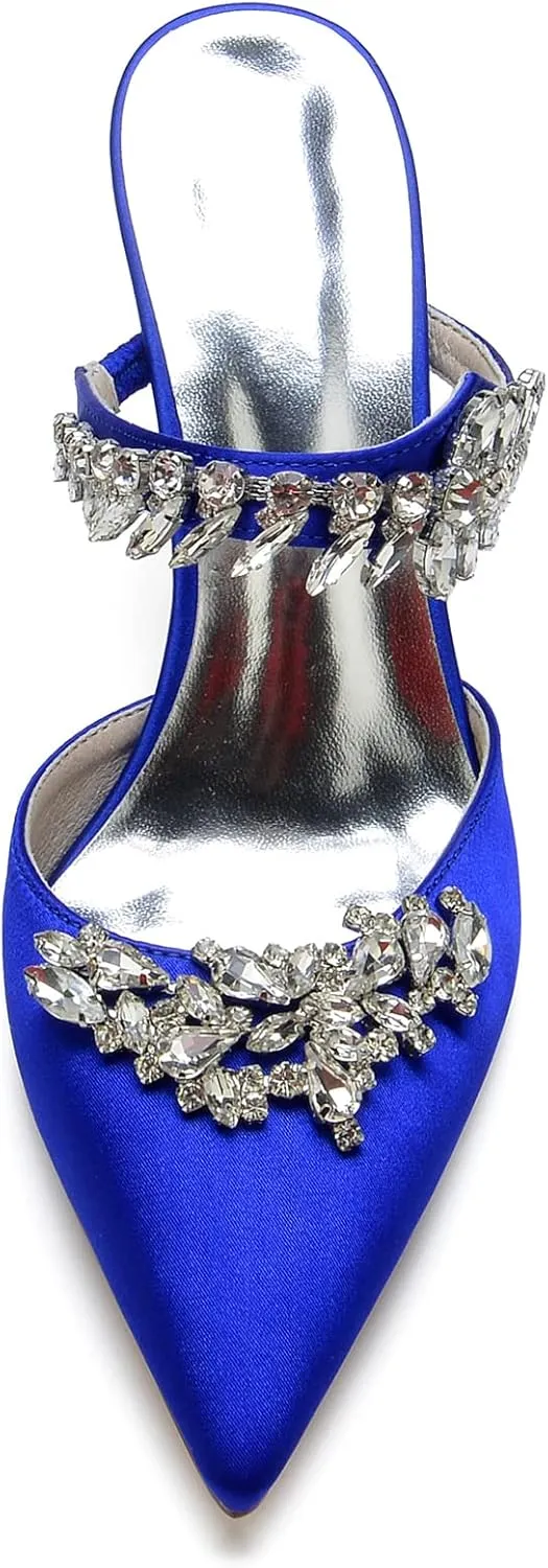 Women Heeled Mules Rhinestone Strappy Pointed Toe Mules Stiletto High Heels Wedding Bridal Dress Sandals for Women