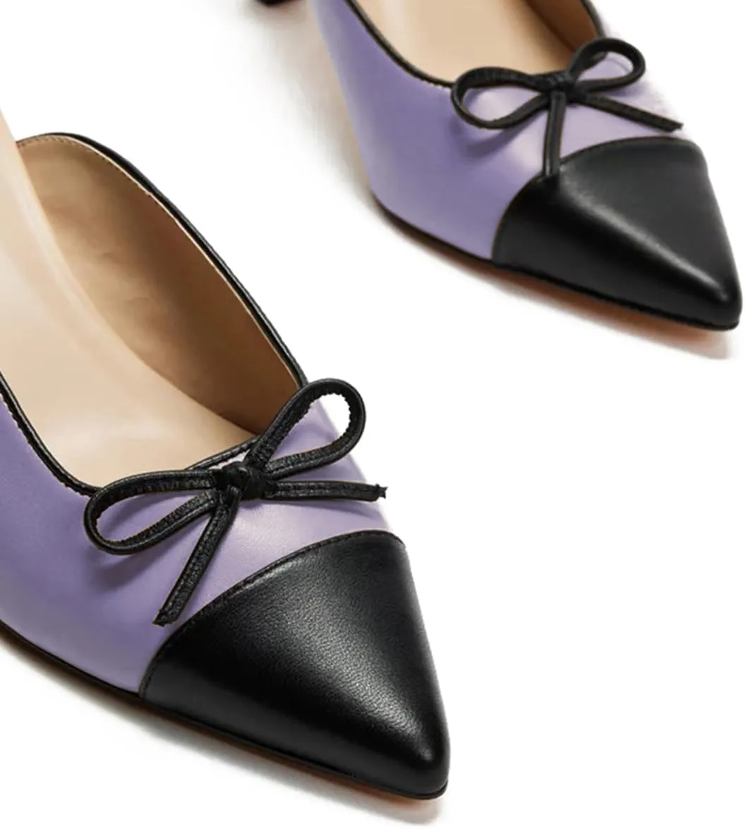 Women Kitten Heel Mules Pointed Closed Toe Slip On Sandal Mules Bow-Tie Cap Toe Dress Mule Mid Thin Heel Two-Toned Slide Slippers Patchwork Elegant Office Work Party Ball Dance 4-11 M US