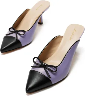Women Kitten Heel Mules Pointed Closed Toe Slip On Sandal Mules Bow-Tie Cap Toe Dress Mule Mid Thin Heel Two-Toned Slide Slippers Patchwork Elegant Office Work Party Ball Dance 4-11 M US