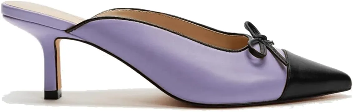 Women Kitten Heel Mules Pointed Closed Toe Slip On Sandal Mules Bow-Tie Cap Toe Dress Mule Mid Thin Heel Two-Toned Slide Slippers Patchwork Elegant Office Work Party Ball Dance 4-11 M US