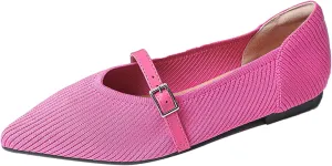 Women Knitted Striped Pointed Toe Mary Jane Flats with Adjustable Ankle Strap Comfort Casual Breathable Lightweight Washable Walking Shoes Dressy Ballet Flats for Office Dating