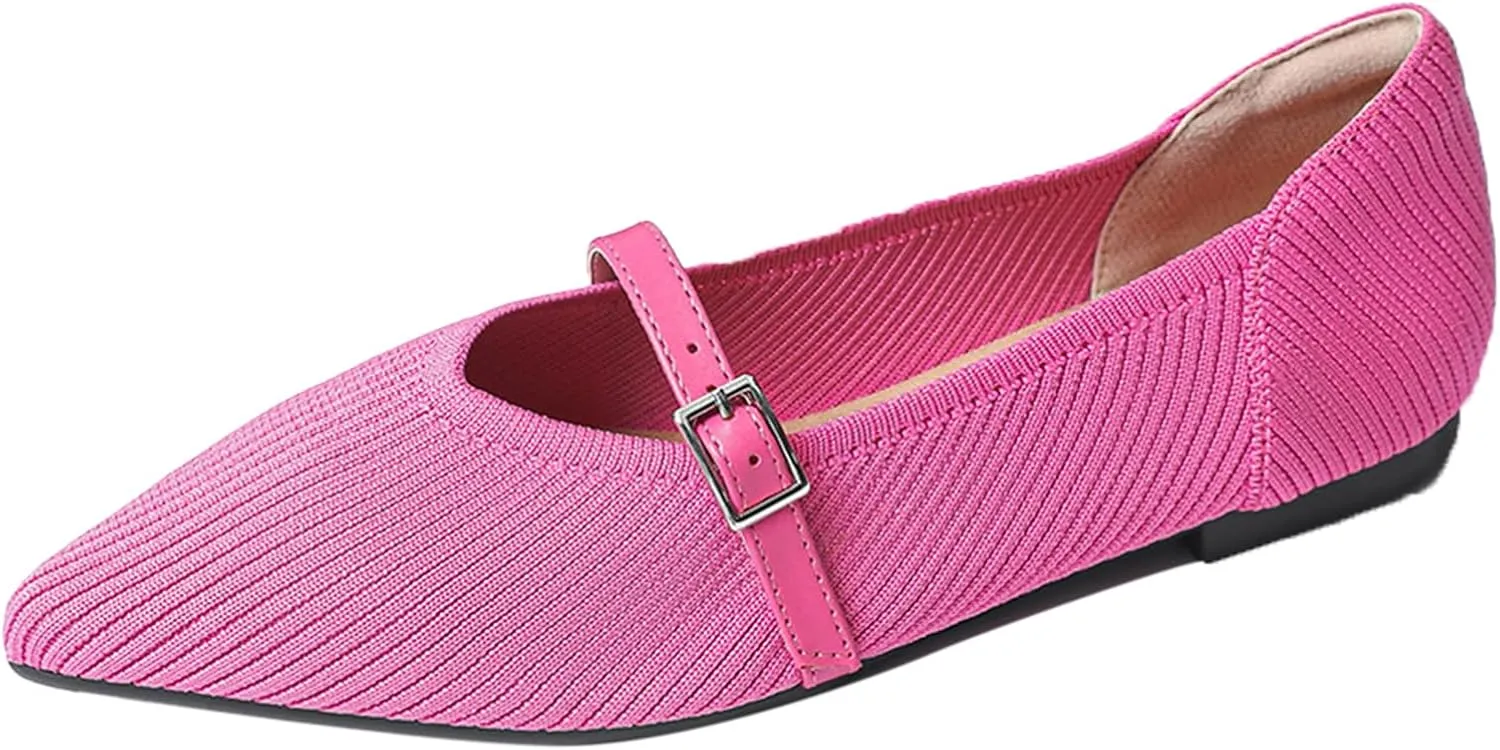 Women Knitted Striped Pointed Toe Mary Jane Flats with Adjustable Ankle Strap Comfort Casual Breathable Lightweight Washable Walking Shoes Dressy Ballet Flats for Office Dating