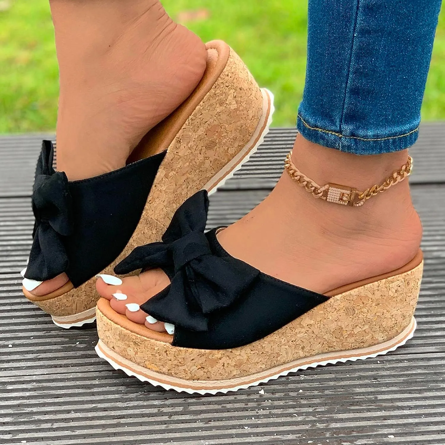 Women Platform Beach Slippers Wedge Heel Flip Flops Shoes Sandals Wide Width Slip On Peep Toe with Bow Non-Slip Summer Slingback Slipper Vacation Travel Outdoor Going Out Flip Flops