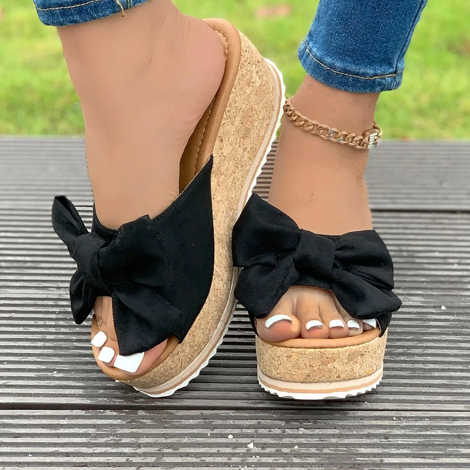 Women Platform Beach Slippers Wedge Heel Flip Flops Shoes Sandals Wide Width Slip On Peep Toe with Bow Non-Slip Summer Slingback Slipper Vacation Travel Outdoor Going Out Flip Flops