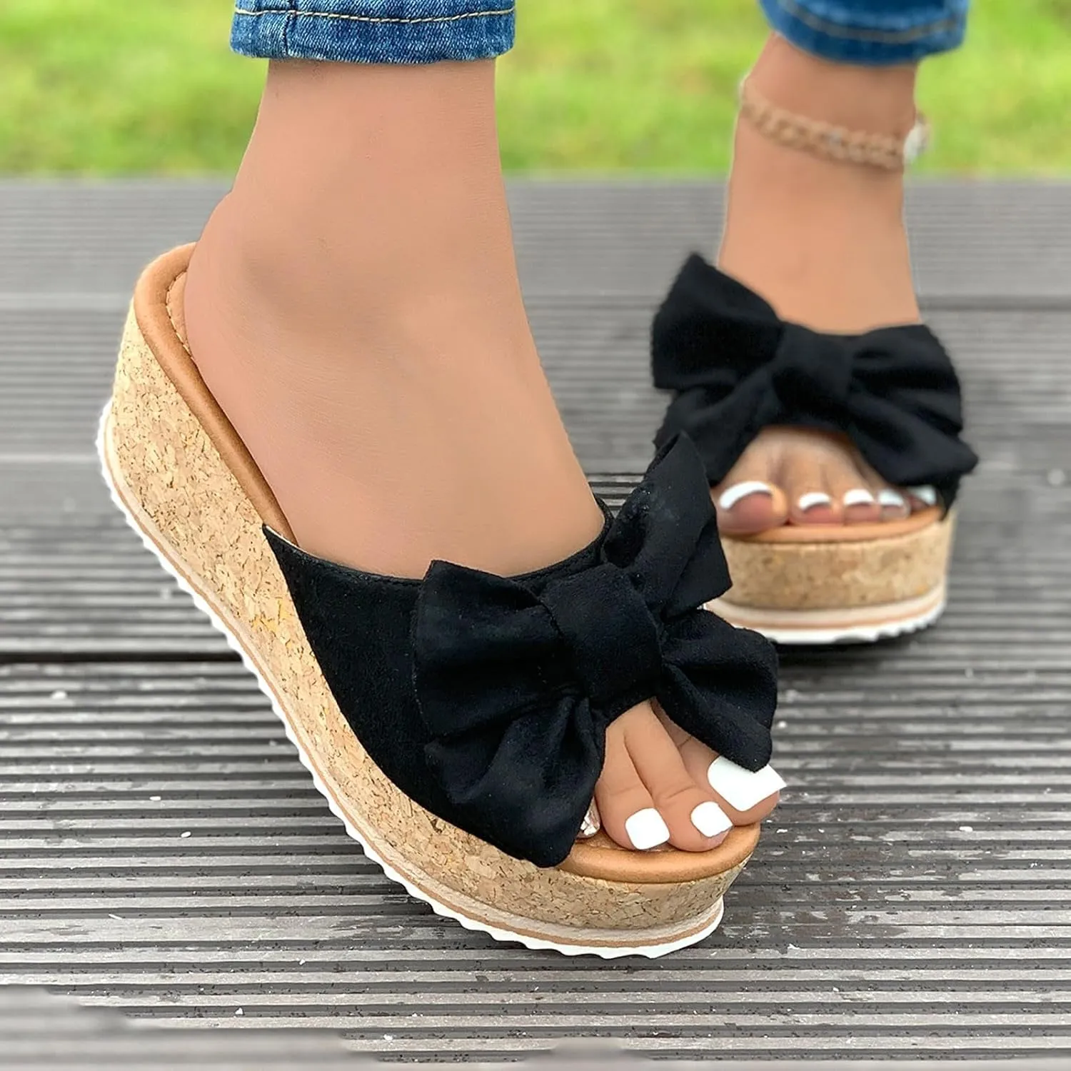 Women Platform Beach Slippers Wedge Heel Flip Flops Shoes Sandals Wide Width Slip On Peep Toe with Bow Non-Slip Summer Slingback Slipper Vacation Travel Outdoor Going Out Flip Flops