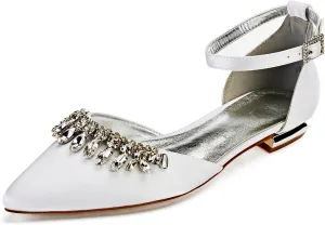 Women Satin Wedding Shoes for Bride Flats Pointed Toe Crystals Party Dress Bridesmaid Shoes