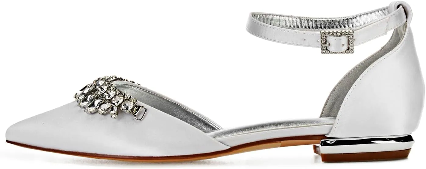 Women Satin Wedding Shoes for Bride Flats Pointed Toe Crystals Party Dress Bridesmaid Shoes