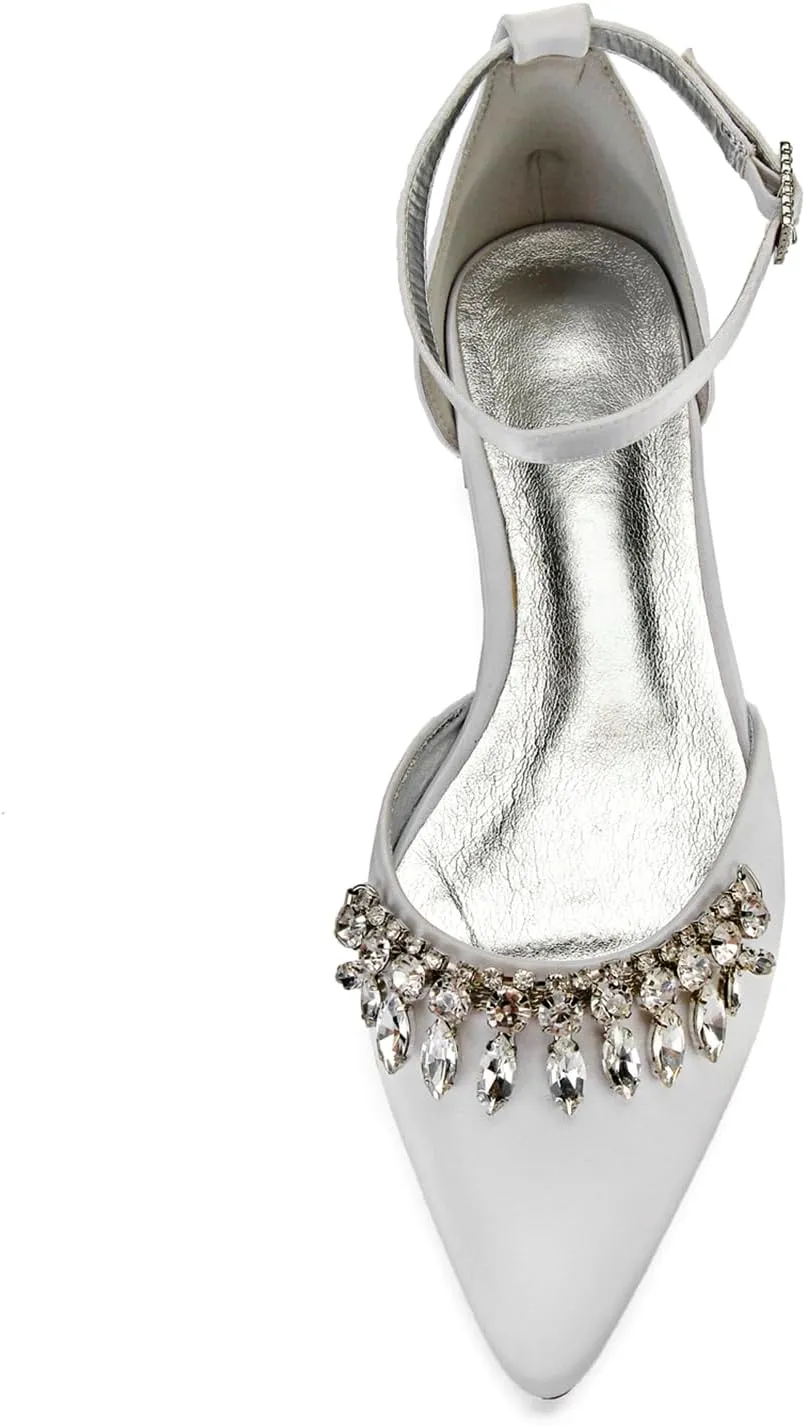 Women Satin Wedding Shoes for Bride Flats Pointed Toe Crystals Party Dress Bridesmaid Shoes
