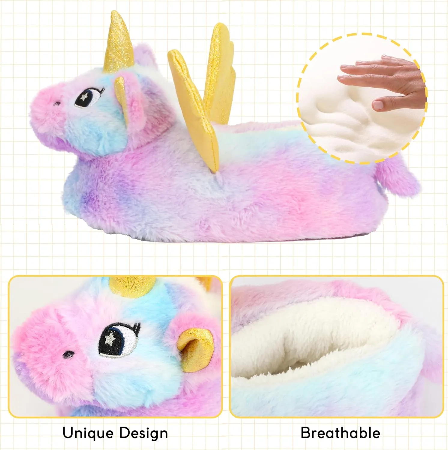 Women Unicorn Animal Slippers Slip-On Memory Foam Anti-Skid House Shoes Cute Fuzzy Cartoon Christmas Gifts