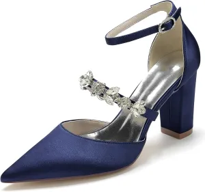 Women Vintage Wedding Bridal Rhinestone Ankle Strap High Heel Pumps Block Heel Sandal Shoes