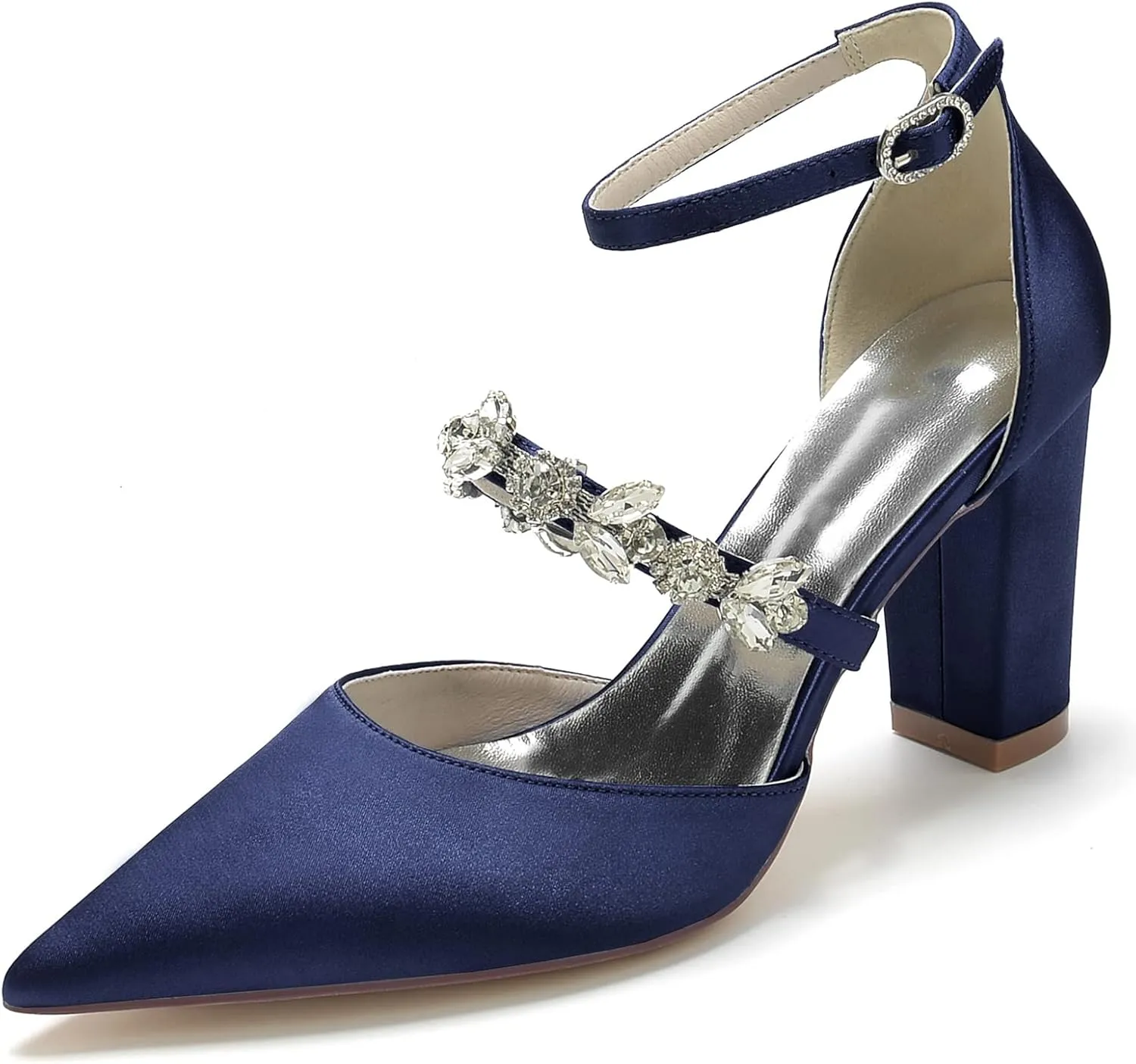 Women Vintage Wedding Bridal Rhinestone Ankle Strap High Heel Pumps Block Heel Sandal Shoes